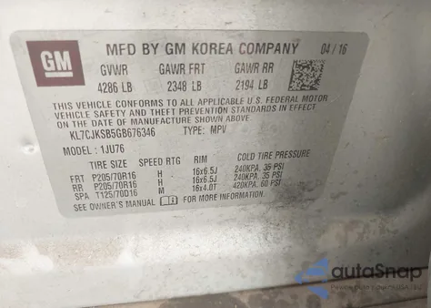 2016 Chevrolet Trax 1Ls z USA, uszkodzony, nr VIN KL7CJKSB5GB676346